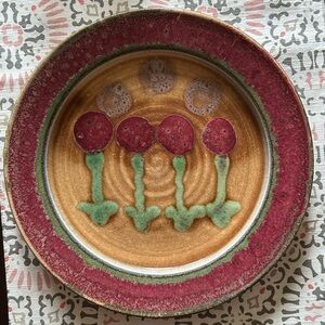 Lasser Pottery Plate Colorful Red Green Design 12” Handmade Signed